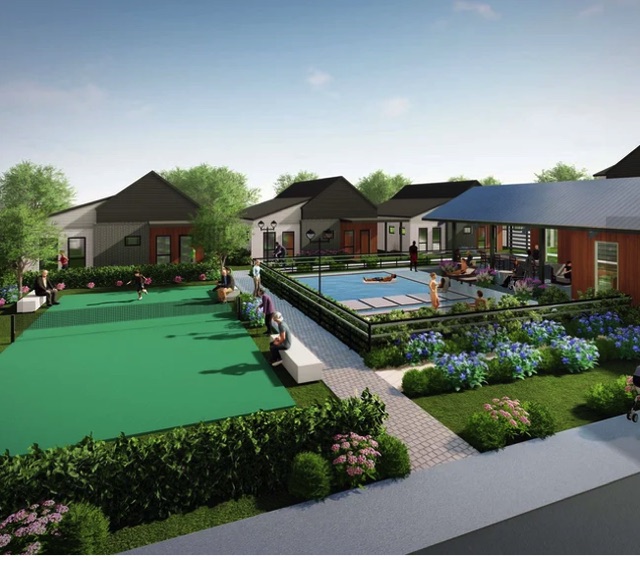Architectural rendering of The Grove at La Frontera: single-story residential buildings arranged around a landscaped courtyard with a lawn, swimming pool and flower beds.