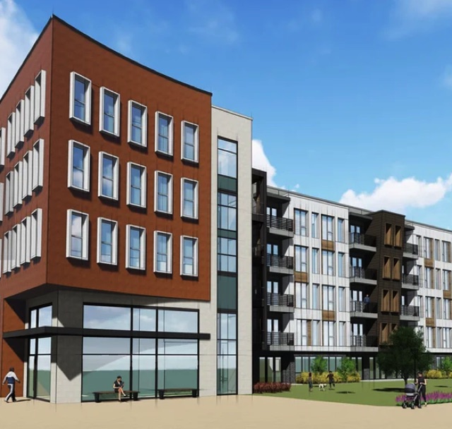 Architectural rendering of The Monarch at The Avenue: a five-story apartment building with a red brick corner tower and glazed ground floor.