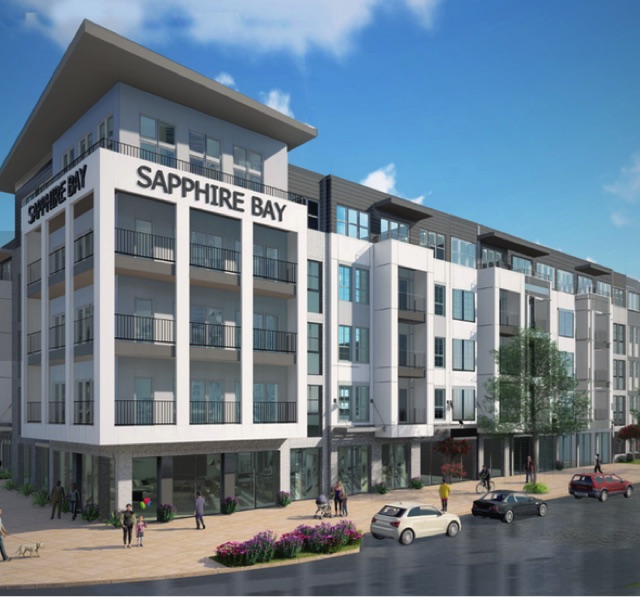 Architectural rendering of The View at Sapphire Bay: a four-story white apartment building with balconies and ground-floor retail on a street corner.